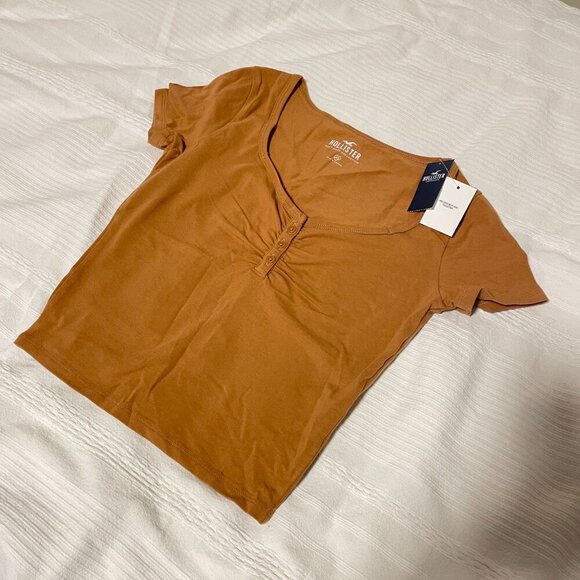 Hollister Cropped Ruched Button-Up Top Brown Orange - XS - Picture 6 of 10